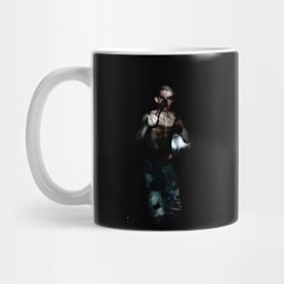 Special processing. Brutal guy, with two spikes, in fighting position. Dark, high contrast. Green and brown. Mug